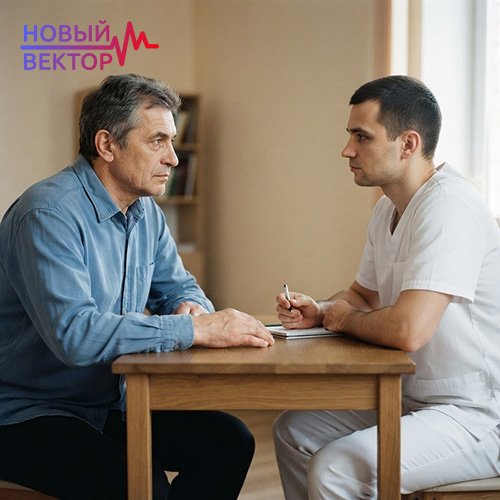Нарколог проводит индивидуальную консультацию мужчины, обсуждая реабилитацию наркозависимых по программе 12 шагов и этапы восстановления от зависимости